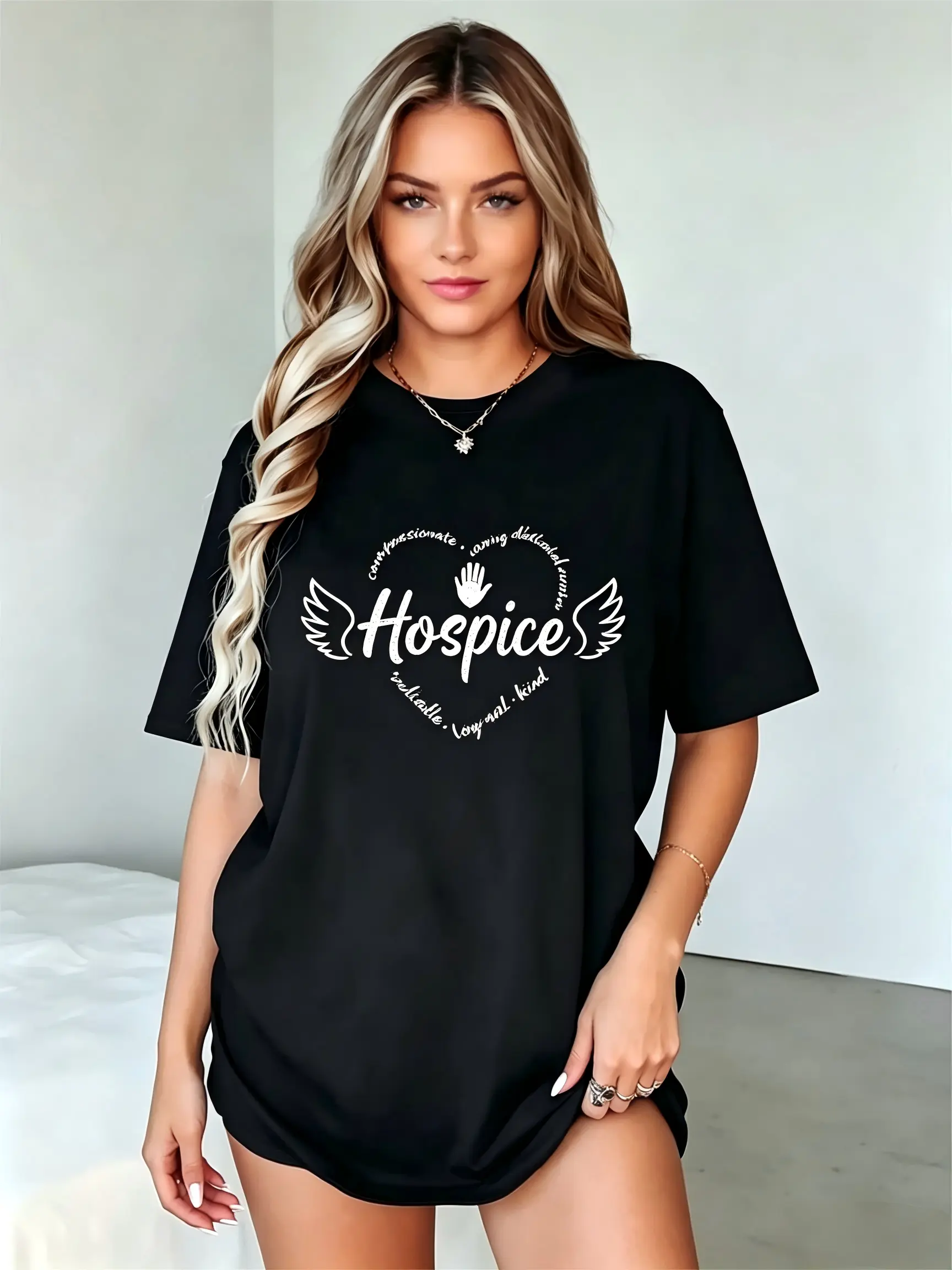 Women's Black Hospice T-Shirt with Heart, Wings, Hand-in-Hand Graphic & Compassionate Caring Dedicated Words, Ideal for Hospice Staff, Volunteers, Daily Wear & Healthcare Advocacy Events, Skirts, Day