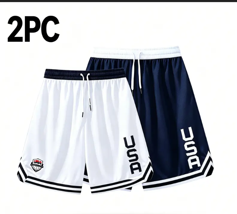 Men's 2-Pack Baggy Ice Silk Athletic Shorts, Loose-Fit with USA Letters All Over Print, Elastic Waist, Quick-Dry for Basketball & Gym, Machine Washable Men's Shorts, Fashion Apparel, Baggy Shorts