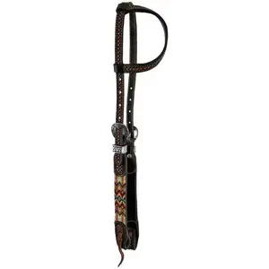 Two Tone Argentina Cow Leather One Ear Headstall with Southwest Red Beaded Inlays