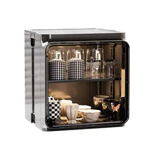 Stackable Plastic Multilayer Dustproof Cup Storage Box Large Capacity Desktop Storage Display Shelf with Doors and Shelves for Office Kitchen Coffee Bars