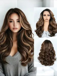 22 Inch Body Wave Synthetic Lace Front Wigs Pre Plucked Natural Hairline Ombre Chocolate Brown Blonde Gradient Wigs Soft Heat Resistant Breathable Comfortable Full Thick Hair Glueless Easy Install No Shedding No Tangle Fashion Daily Party Cosplay Stylish