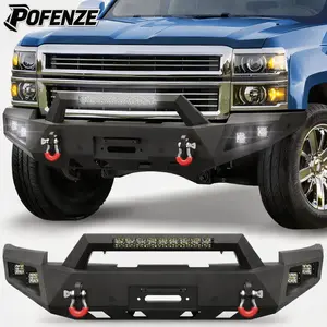 POFENZE-Mestan Front Bumper Fit for Chevy Silverado 1500 2014-2015, Pickup Truck Bumper Black with Winch Plate, D-ring and Lights car accessories men