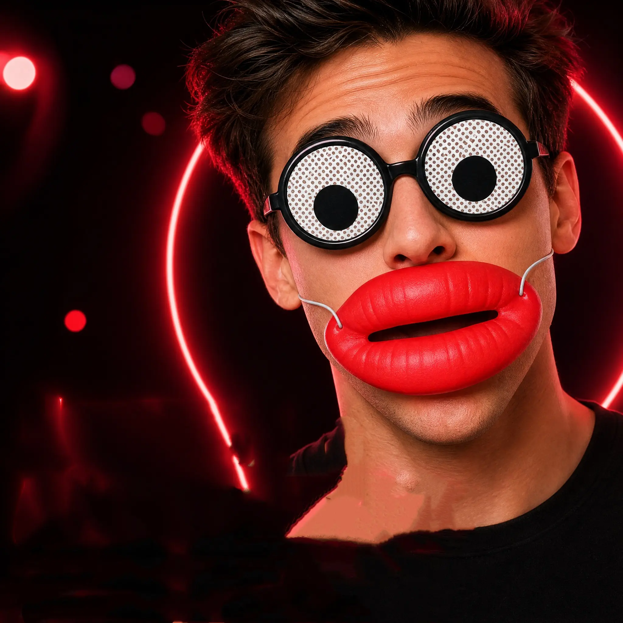 Funny Party Photo Booth Costume Props Single Set - Giant Red Sausage Lips Latex Mask, Googly Round Eye Glasses - Festive Supplies for Halloween, Bachelor Cosplay Parties, Fun Party
