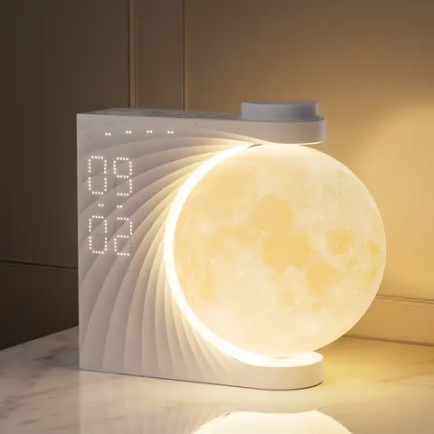 RETEYUNG Multifunctional Plastic RGB Moon Lamp LED Digital Alarm Clock - Digital Dimming, Sunrise Mode, 10-Sound White Noise Machine, Dual Alarms, Snooze, Bedroom Lights, Unique Aesthetic Room Decor for Heavy Sleepers, Multifunctional Alarm Clock