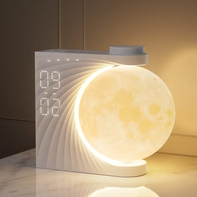 RETEYUNG Multifunctional Plastic RGB Moon Lamp LED Digital Alarm Clock - Digital Dimming, Sunrise Mode, 10-Sound White Noise Machine, Dual Alarms, Snooze, Bedroom Lights, Unique Aesthetic Room Decor for Heavy Sleepers, Multifunctional Alarm Clock