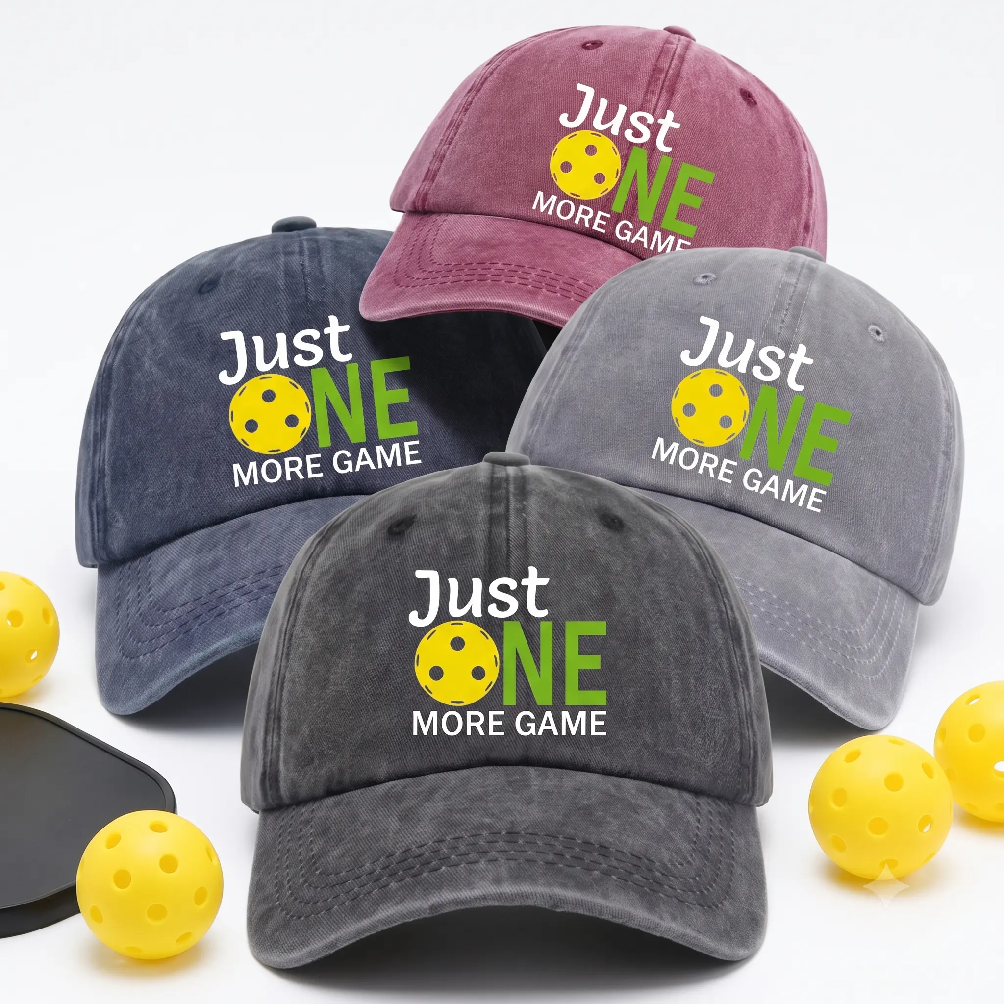 "  Just One More Game  "    Pickleball Vintage Washed Baseball Cap Funny Sports  Adjustable Unisex Cotton  Cap