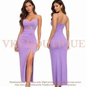 Mesh Slit Dress Spaghetti Strap Maxi Dress with Side Slit and Ruched Detail for Women