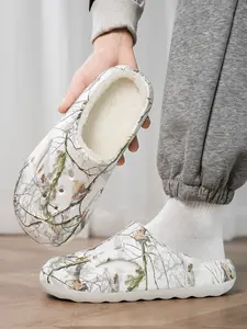 Unisex Luxury Cotton Lined Warm Mules, Random Plant Print, Comfortable Home Wear, Casual Outdoor Shoes, Durable Design, All-Day Wear, Footwear
