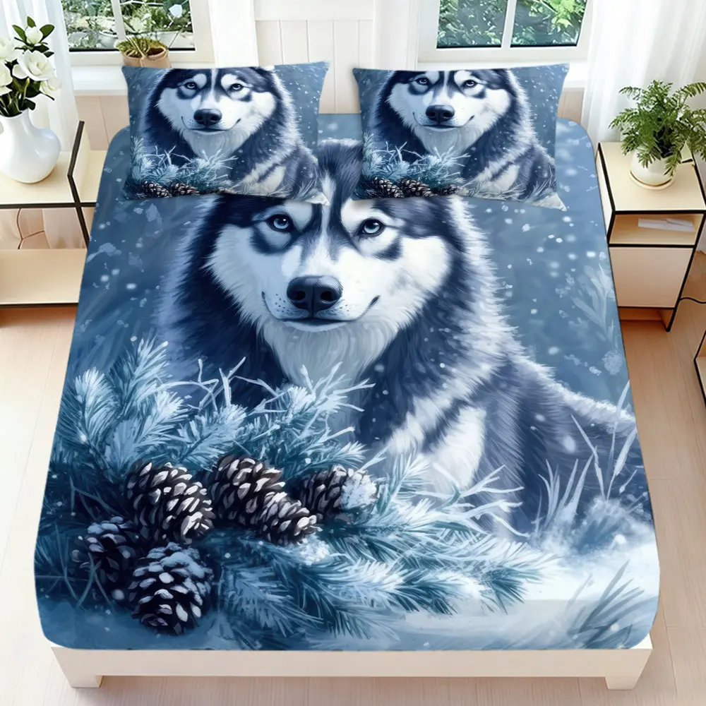2/3 Pcs 2D Flat Winter Siberian Husky Fitted Sheet Set Snowy Forest Bedding Set Quilt Cover 1 Fitted Sheet + 1/2 Pillowcases Pinecone Decorative Bedding Bedroom Decor