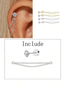 1/4pcs Stainless Steel 4 Prong Inlaid Zirconia/Hypoallergenic Pierced Earring Chain Pendant Flat Back Cartilage Helix Piercing Fine Jewelry Suitable For Daily Wear Wedding Party Engagement Anniversary Valentine's Day Zircon Stud Earrings