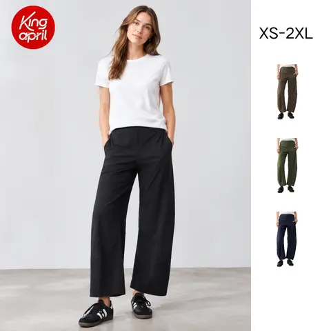 Kingapril Women Barrel Travel Pants Elastic Waistband Tapered Leg Baggy Mid Rise Work Trousers Lounge Pant with Pockets,clothes for back to school,first day of school outfits