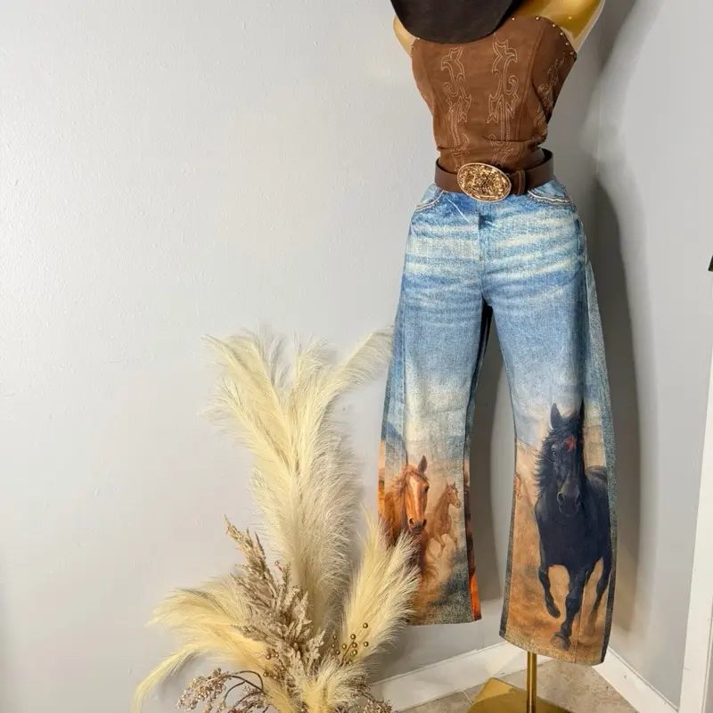Women's Fitted Horse-Print Chic Bottoms, Lady's Trendy Womenswear Jeans