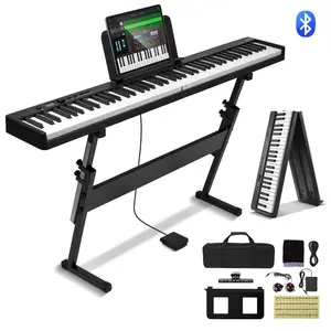 VEVOR 88 Key Folding Keyboard Piano, Bluetooth MIDI, Portable Electronic Digital Foldable Piano with Stand Sustain Pedal Bag Touch Sensitive Keys, Rechargeable for Beginners Teens Adults, Black