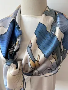 100% Natural Mulberry Silk Scarf 35" x 35" Blue Soft Cream Floral Silk Neck Scarf Light Weight Silk Head Scarf Hair Wrap Silk Scarf Gift