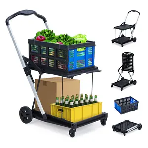 Garvee Robust 2-Tier Collapsible Garden Utility Cart – 198 lb Capacity, Removable Blue Basket, Lightweight Aluminum PP Frame, 360° Swivel Heavy-Duty Wheels, Collapsible Yard Trolley