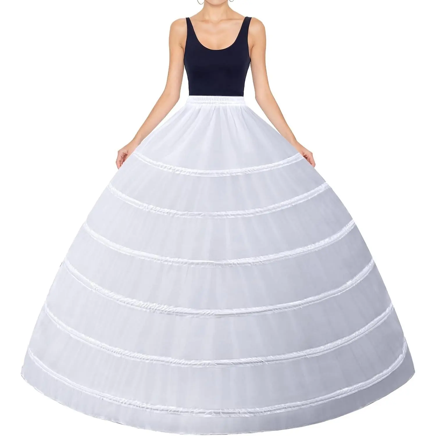 Women's 6 Hoop Crinoline Petticoat, Full A-Line Puffy Underskirt with Adjustable Waist for Bridal Wedding Dress, Ball Gown & Prom Party, Bottom Hoop Diameter 44", Waist Stretch Range 23"-43", Basic, Ball Gown Look, Floor-Length, Do Not Wring, Dry In Shade