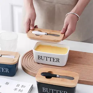 Rectangular Ceramic Butter Box with Bamboo Lid - Sealed Preserving Jar, Cheese Container, Kitchen Utensils for Kitchen Household Products & Organization