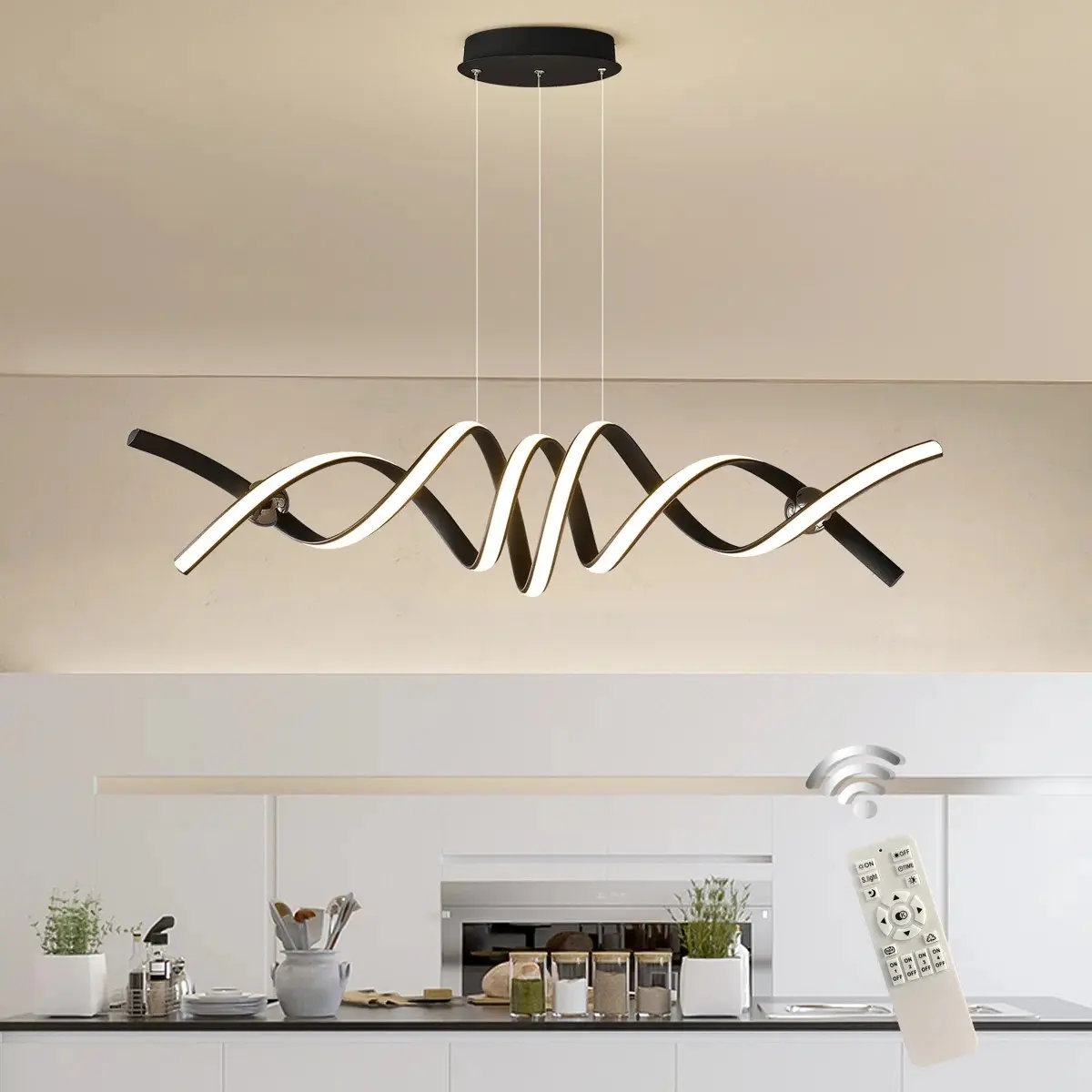 29.4" 2-Light Modern LED Dimmable Chandelier, Matte Black Aluminum Pendant Light with Remote for Dining Room, Kitchen, Office, Led Ceiling Lights, Dimmable Led Fandelier