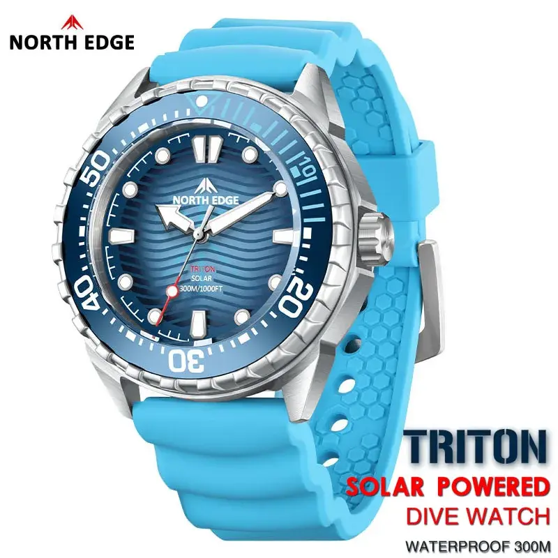 North Edge Triton Men's Solar Movement Diver Wristwatch - Professional 300M Waterproof, 316L Stainless Steel Case, Silicone Strap with Clasp, Hardlex Glass, Luminous Quartz Analog Watch, Quartz Analog Wristwatch, Round, Solar Quartz Watches