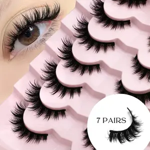 GROINNEYA 7 Pairs Doll Eyelashes 5D Wispy Effect Natural Cross Faux Mink Eyelashes Waterproof Reusable, Lightweight Lashes Airy False Lashes, Tail Elongated Eyelashes, Suitable For Party, Vocation, Dates, Voluminous Pack Makeup