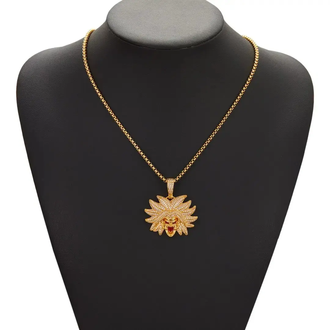 18K necklace with Dragon Ball character Broly pendant, trendy brand full zirconia colorful pendant with 24-inch Cuban chain, hip-hop accessory, men's necklace pendant jewelry giftGold-Plated Cuban Link Necklace statement