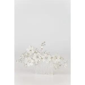 Silver Flower Hair Comb with Rhinestones & Beads