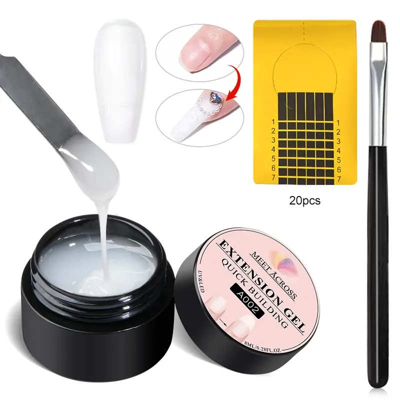 Quick Extension Nail Gel Set, 3-Piece Kit Includes Nail Brush, Extension Nail Gel, Nail Form Tips, Glitter Color Quick Building Nail Art Manicure Gel Nail Finger Poly Nail Gel Women DIY Salon Use Nail Polish