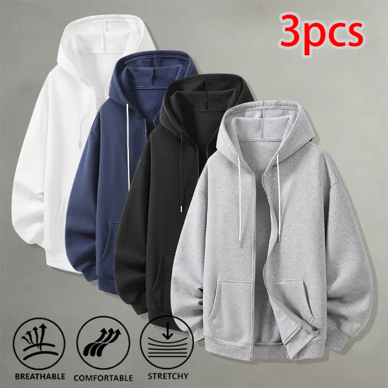 Unisex loose zip-up sweatshirt cardigan set, 3 pieces, breathable fabric for home and commuting rotation tops