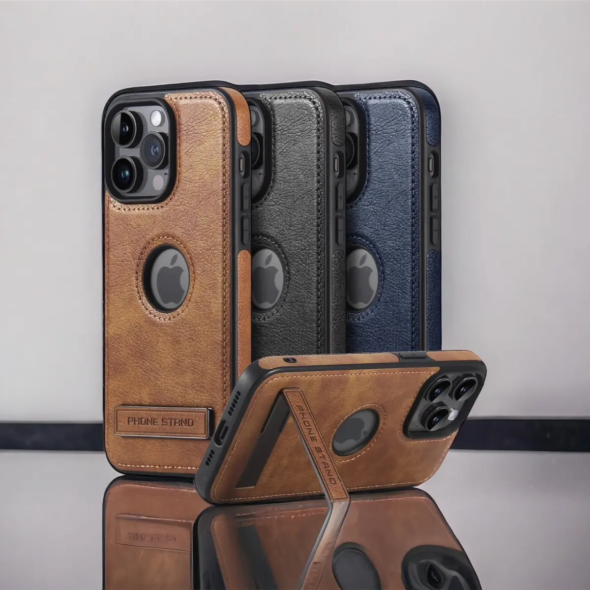 iPhone 15 Pro Leather Case with built in stand, MagSafe compatible, Drop Protection, Shockproof Accessories Cellphone Smartphone Phonecase Protective Handheld Cover