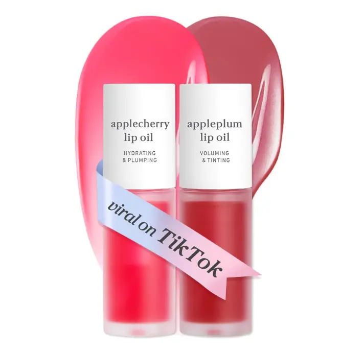 NOONI Vegan Appleseed Lip Oil Set - Applecherry & Appleplum | Long-Lasting, Moisturizing, Plumping, Revitalizing for Dry Lips, Waterproof, No Peel Off, Korean Tint, 0.12 FL Oz x 2ea