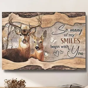 1 Piece Wooden Frame Canvas Painting Country Deer Artwork Print Wall Bedroom Living Room Home Decor Country Wildlife Farm Canvas Print Poster Painting with Frame Ready to Hang Gift for Her or Him