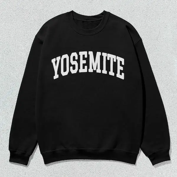 Men's Yosemite Collegiate Crewneck Sweatshirt - Unisex Cotton Blend Long Sleeve Pullover Tops, Text Print, All-Season Casual Wear