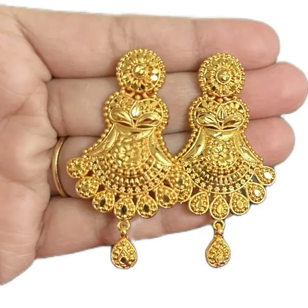 Women's Handmade Gold-Plated Nepali Drop Earrings - Intricate Ornamental Motifs Costume Jewelry, Elegant Drop Detailing with Cultural Flair, Contemporary Ethnic Gold Jewelry Earrings, Contemporary Ethnic Earrings