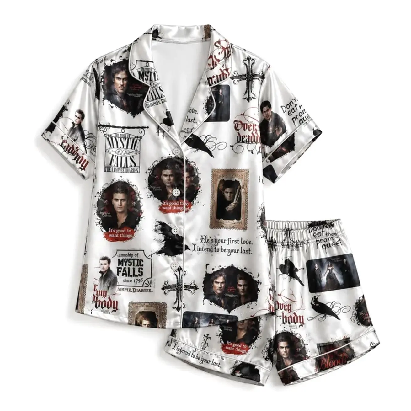 Dark Romance Portrait Collage Satin Pajama Set Gothic Raven Cross Cozy Sleepwear