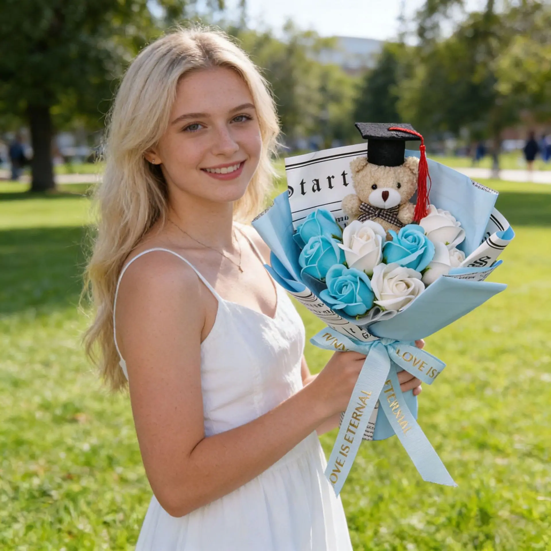 Graduation Plush Bear Rose Bouquet, Blue White Artificial Flower Gift with Cap Bear and Ribbon, Memorable Congrats Present for Graduation Party and Photo Moments, Graduation Favors, Decorative Gift