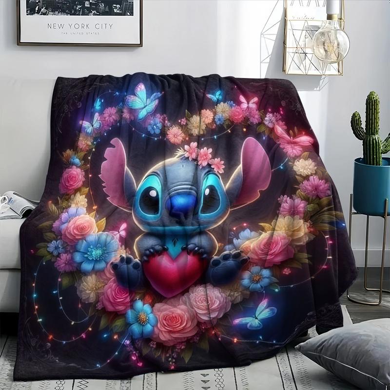 Dreamy Neon Stitch Heart Bouquet Flannel Blanket, Dark Base, Neon Light Effect, Blue Rose Hearts, Butterfly Decor, Holiday Gift