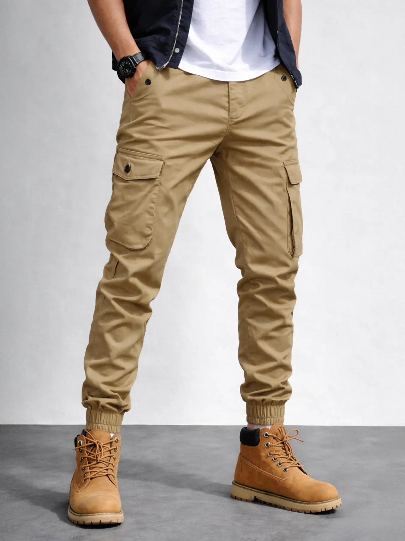 Men's Retro Vintage Woven Work Cargo Jogger Pants - Streetwear Casual Athleisure Trousers with Elastic Cuff, Flap Pockets, Buttons, Boot-Friendly Tapered Fit, Solid Colors (Black, Khaki, Olive, Blue, Charcoal, Beige) for Travel, Daily Wear, H Type, Adjust