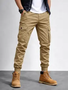 Mens Cargo Jogger Pants Utility Streetwear Tapered Elastic Cuff Fit With Flap Pockets Boot Ready Travel Festival Tailgate Road Trip Daily Wear Solid Color Multi Color Options In Black Khaki Olive Blue And Charcoal