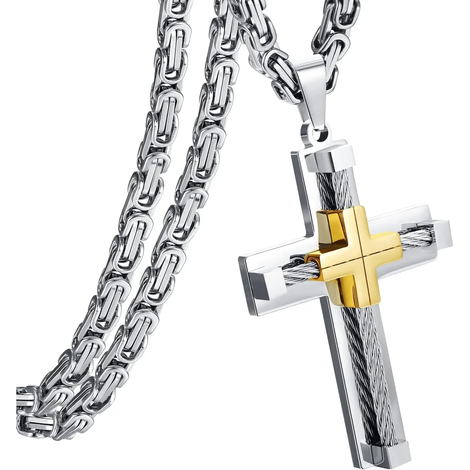 FLORIDECO 1PC Men's Stainless Steel Big Cross Necklace - 61cm Byzantine Chain, Gold & Silver Religious Symbol Pendant, Modern Fashion Daily Wear Jewelry,summerwins