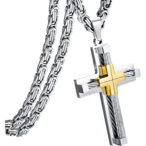 FLORIDECO Cross Necklace for Men Stainless Steel Large Cross Chain Silver Golden Cross Pendant Byzantine Chain Necklace, 61CM