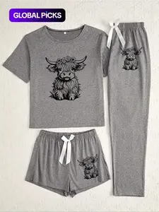 Women's Cow Print Round Neck Short Sleeve Tee & Shorts & Pants Pyjama Set, Pajamas, Casual Comfy Ladies Sleepwear for All Seasons