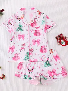 Women's 2-Piece Sleepwear Set, Short Sleeve Cartoon Button Front Top and Elastic Waist Shorts, Casual Home Wear for All Seasons