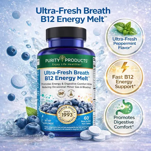 Ultra-Fresh Breath B12 Energy Melts - 1000 mcg Methylcobalamin + Zinc D3 & Biotin 60 Count Fast Melting Tablets for Energy Immunity Digestive Comfort Oral Health Mint Flavor