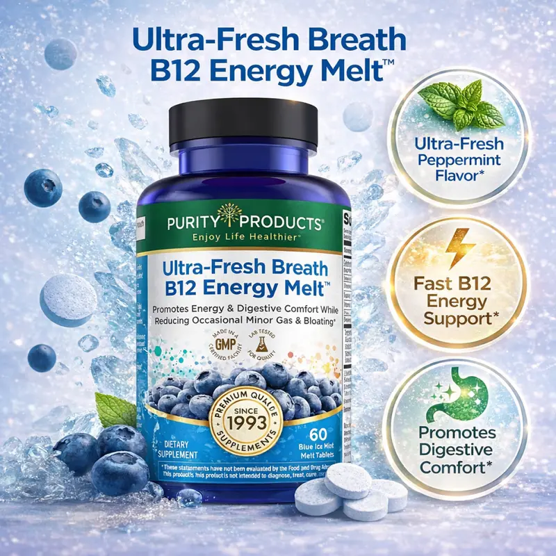 Ultra-Fresh Breath B12 Energy Melts - 1000 mcg Methylcobalamin + Zinc D3 & Biotin 60 Count Fast Melting Tablets for Energy Immunity Digestive Comfort Oral Health Mint Flavor