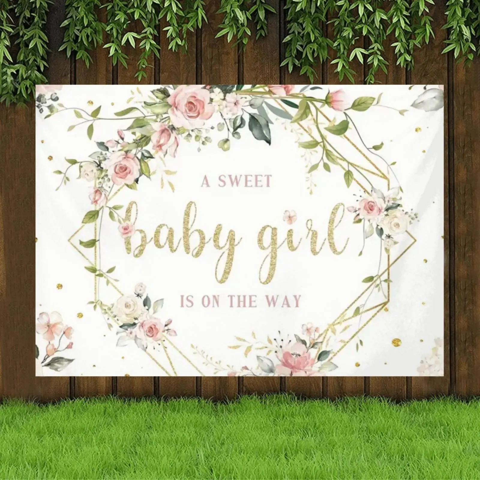 1pc Stain-Resistant Modern Flowers Print Vinyl Backdrop Banner, "A Sweet Girl is on the Way" Design, Blush Pink-White with Golden Glitter Accents, 59x82.7in/150x210cm & 70.8x90.6in/180x230cm, for Baby Announcements & Baby Shower, Indoor-Outdoor Use