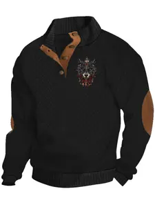 Men's autumn and winter knitted sweater, with diamond-patterned and leather patchwork, the retro Wolf head print is eye-catching. The half-open collar design is casual yet stylish, a must-have for Black Friday，fallfashion Winter Warm Pullover
