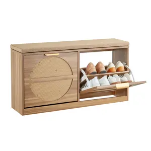 Entryway Shoe Storage Bench With Flip Drawer, 38.9 x 9.4 x 19.7 Inch, Rattan-Like Texture Organizer Rack, Built-In Shoe Storage, Mudroom Seating, Sturdy Wood Frame, Easy Assembly, Tools Included
