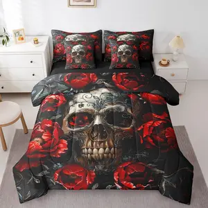 Gothic Skull 7 Piece Bedding Set,Halloween Skull Bed in a Bag,Oil Art Flower Bed Set,Includes Comforter,Sheet Set,Pillowcases & Pillow Covers All Season Bedroom Decor