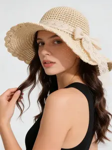 Women's Spring Summer Bow Decor Straw Hat, Plain Color Sun Hat, Hollow Woven Beach Hat, Multi-Functional UV Protection Hat, Casual Trendy Hat, Casual Outdoor Hat