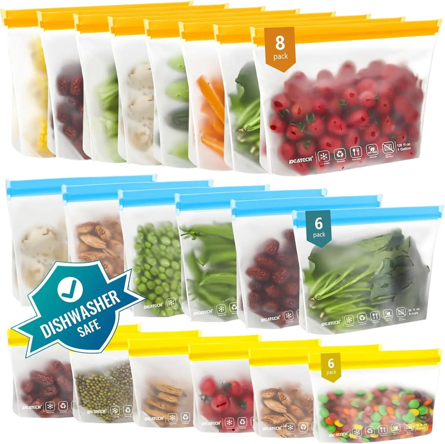 20Pack Dishwasher Safe Reusable Bags, Leak-proof Reusable Freezer Bags, BPA Free Reusable Food Storage Bags Sandwich Bags Snack Bags for Lunch Travel (8 Gallon 6 Quart 6 Snack,Colored)